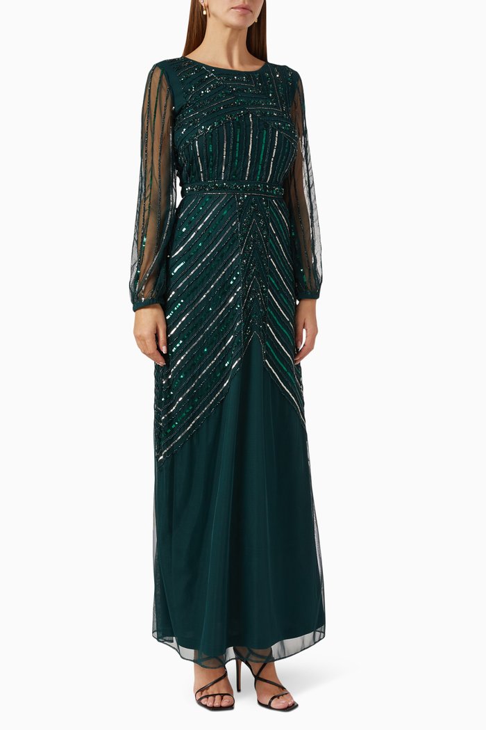 

Embellished Maxi Dress in Sheer Sequin, Green