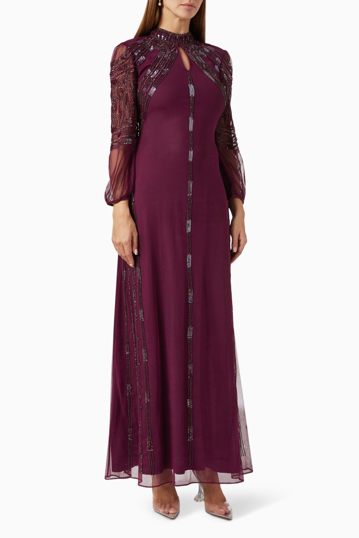 

Embellished Maxi Gown in Sheer Sequin, Red