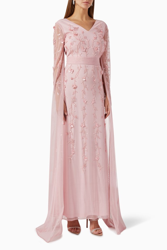 

Embellished Cape Gown in Sheer Sequin, Pink