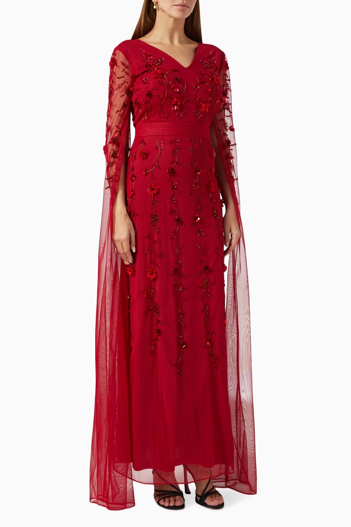 

Embellished Cape Gown in Sheer Sequin, Red