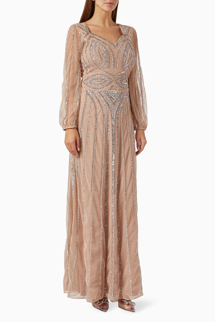 

Embellished Maxi Gown in Sheer Sequin, Neutral