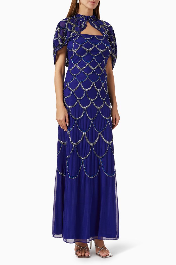 

Beaded Scallop Gown and Bolero Set in Tulle, Blue