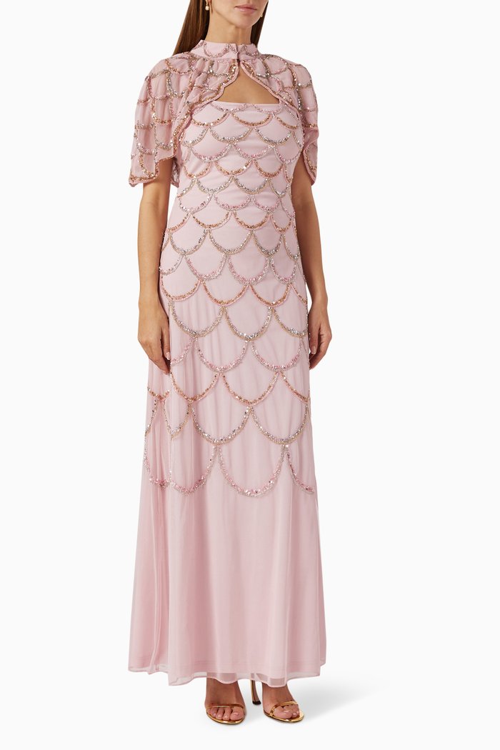 

Beaded Scallop Gown and Bolero Set in Tulle, Pink