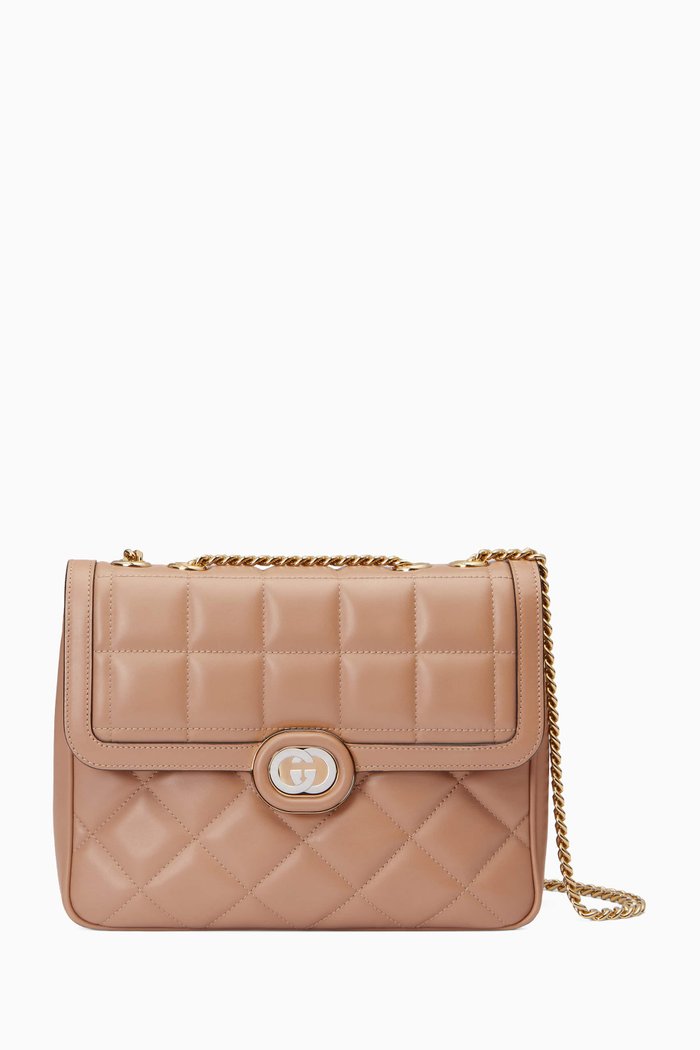 Small Gucci Deco Shoulder Bag in Quilted Leather, Neutral