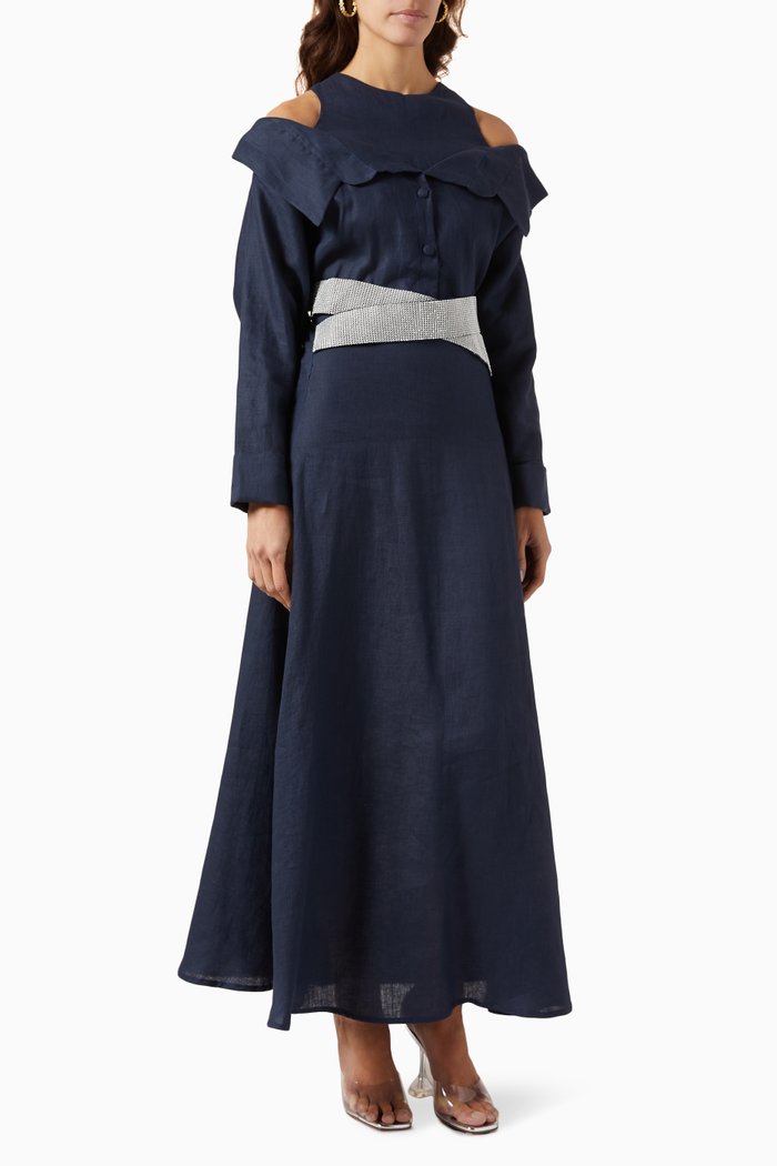 Cross Belt Kaftan in Linen, Blue