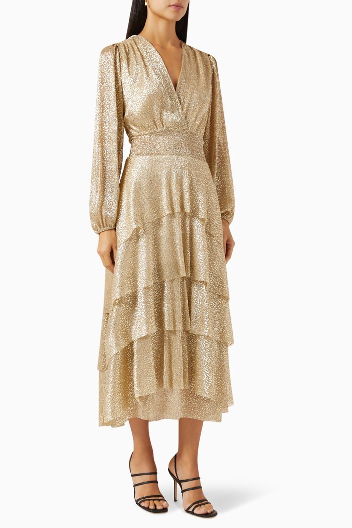 

Ruffinita Tiered Midi Dress in Lurex, Gold
