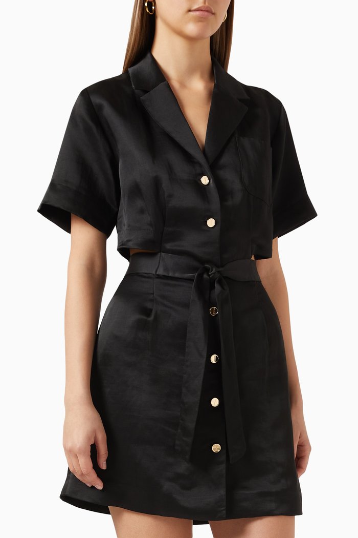 

Openwork Mini Dress in Linen Blend, Black