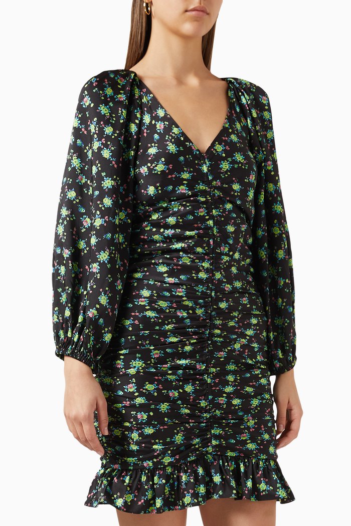 

Novalee Floral-print Gathered Mini Dress, Black