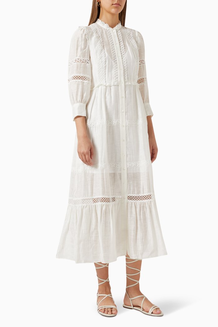 

Opale Lace-trimmed Midi Dress in Linen-blend, Neutral