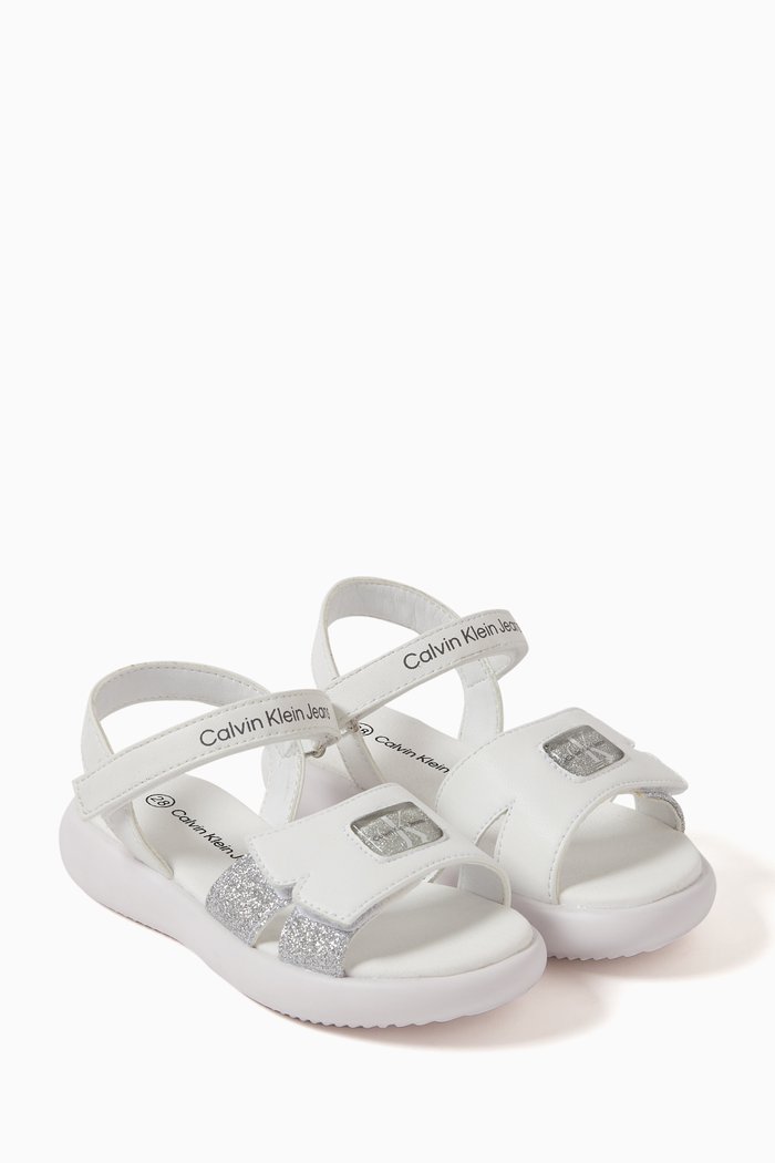 

Glitter Logo Velcro Sandals in Faux Leather, White
