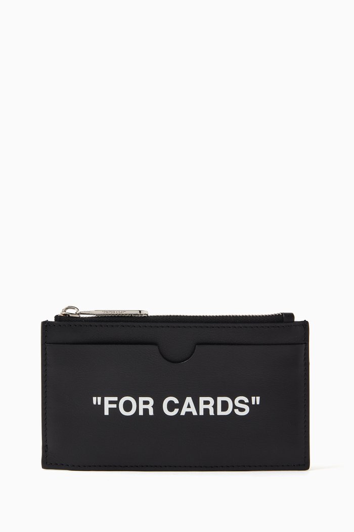 

"For Cards" Quote Zipped Cardholder in Leather, Black