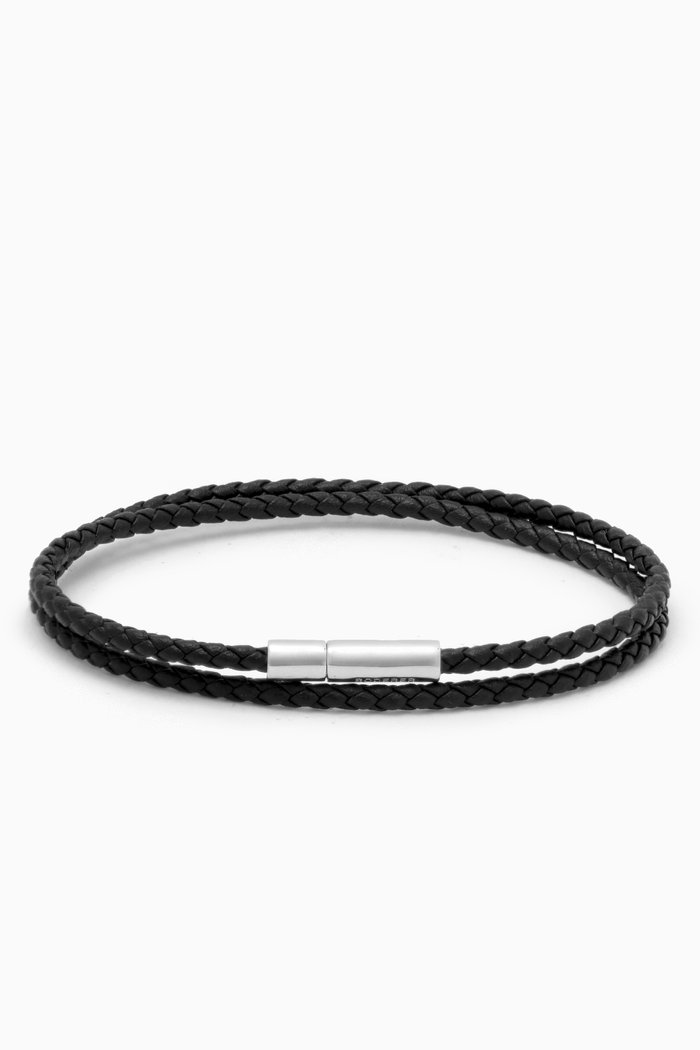 Gianni Double Tour Bracelet in Woven Leather, Black