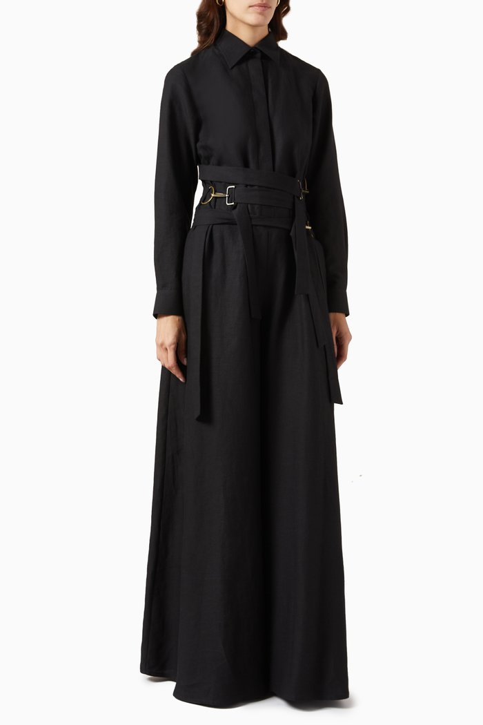 

Belted Jumpsuit in Linen Blend, Black