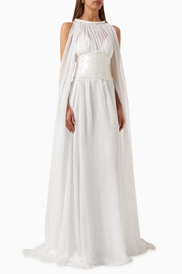 Sequin-embellished Cape Dress in Chiffon, White