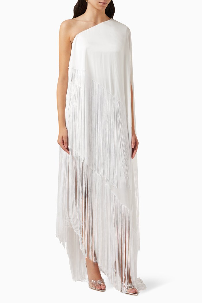 

One-shoulder Fringed Midi Dress, White