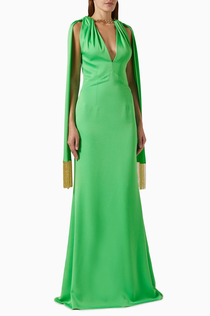 

Chain-trim Shawl Dress in Shiny Crepe, Green