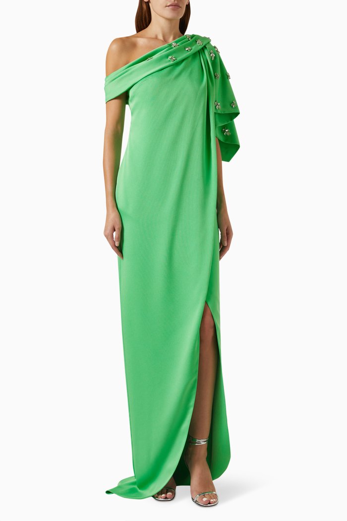 One-shoulder Draped Dress in Shiny Crepe, Green