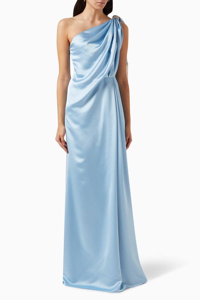 

One-shoulder Embellished Gown in Satin, Blue