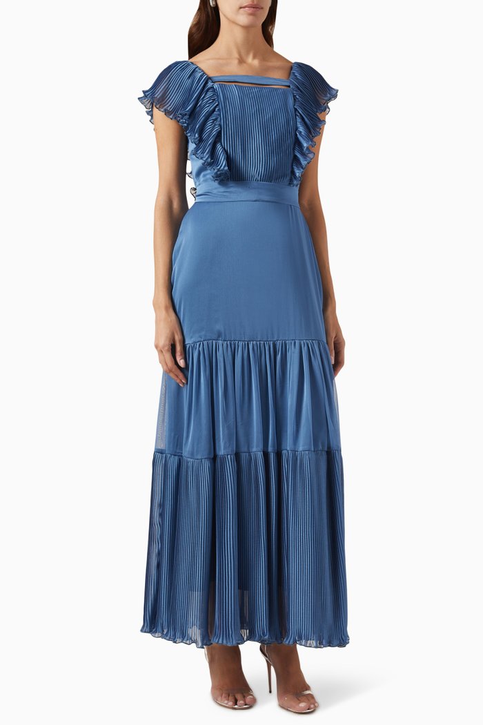 

Pleated Maxi Dress in Shiny Organza, Blue