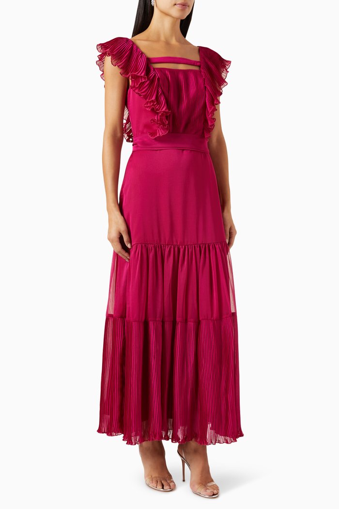 Pleated Maxi Dress in Shiny Organza, Red