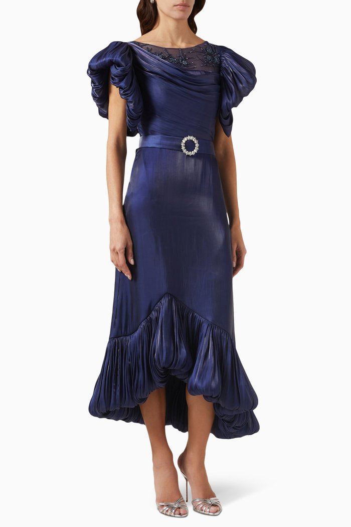 

Embellished Bubble-hem Midi Dress, Blue