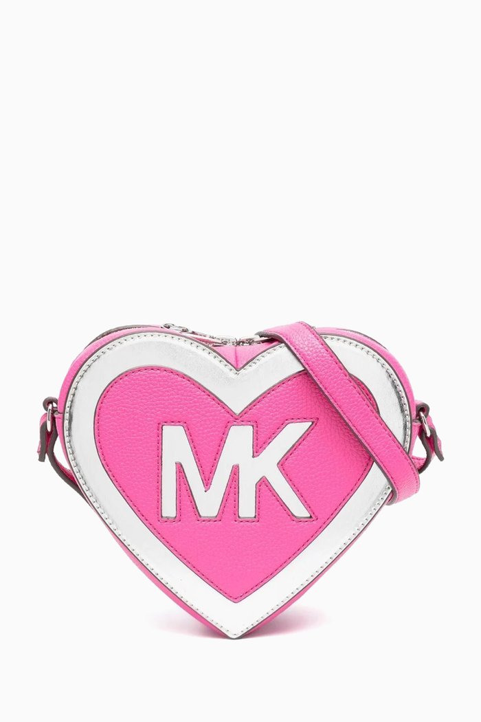 

Heart Shape Logo Crossbody Bag in Faux Leather, Pink