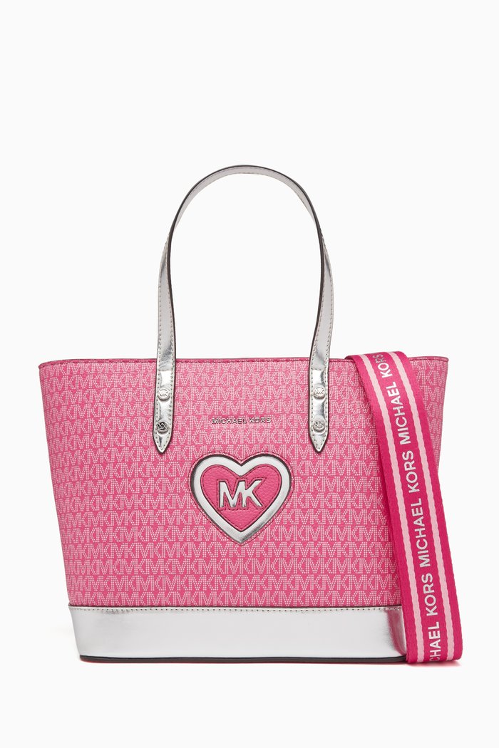 

Heart Logo Shopping Bag in Faux Leather, Pink
