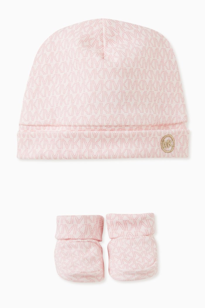 

Monogram Logo Print Beanie and Boots, Set of Two, Pink