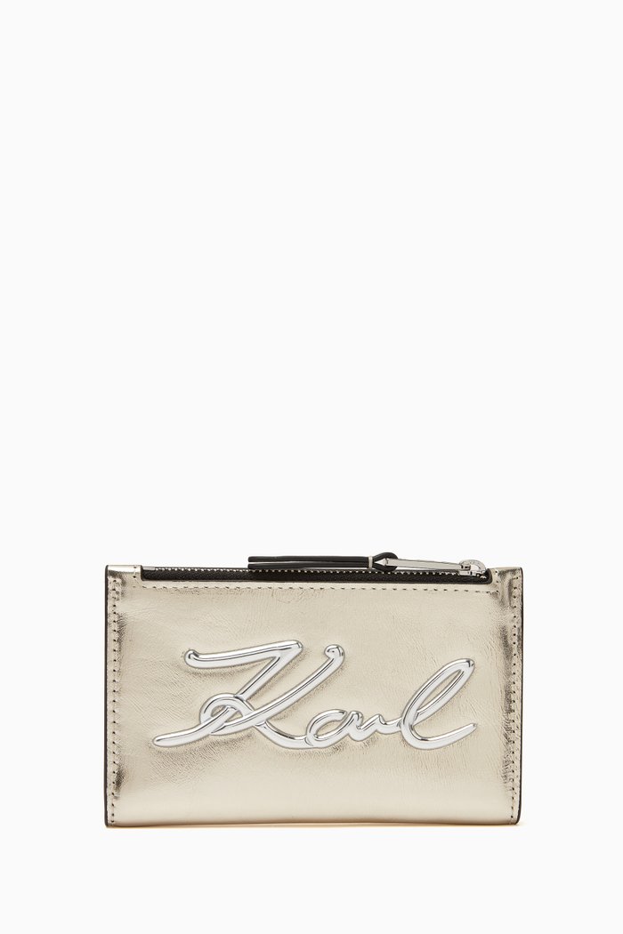 

Small K/Signature Metallic Card Holder in Bovine Leather, Gold