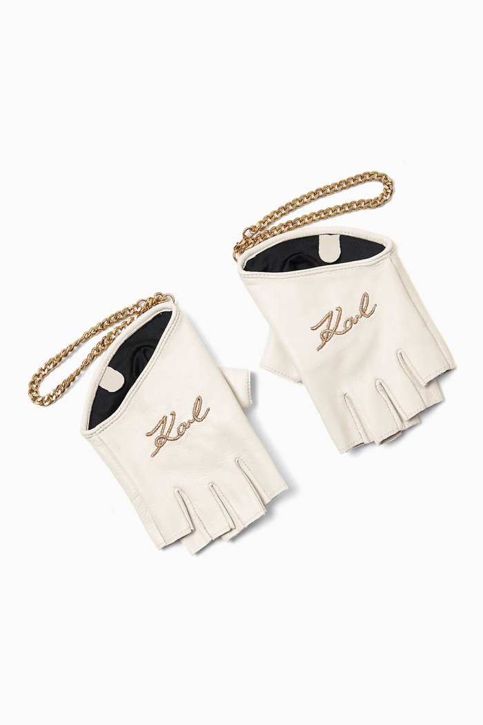 

K/Signature Chain Gloves in Leather, White