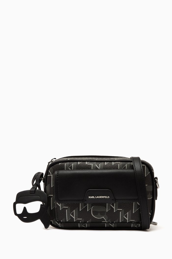 K/Ikonik 20 Monogram Crossbody Bag in Faux Leather, Black