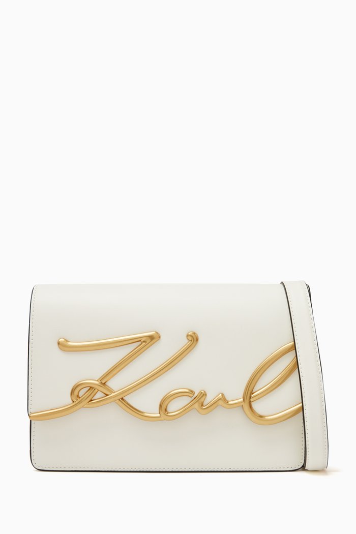 

K/Signature Flap Shoulder Bag in Calf Leather, White