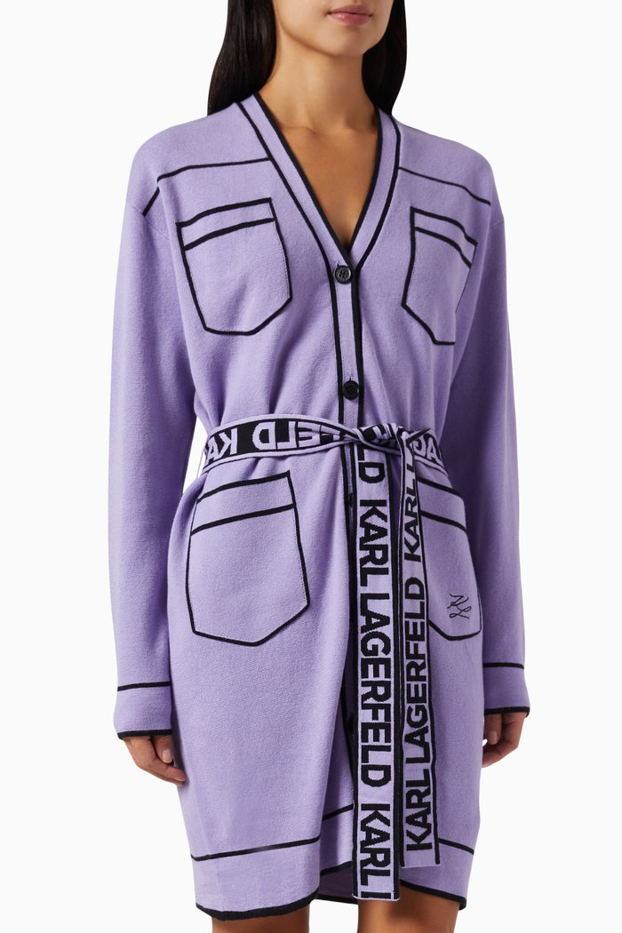 

Logo Tape Belted Cardigan in Wool-blend Knit, Black