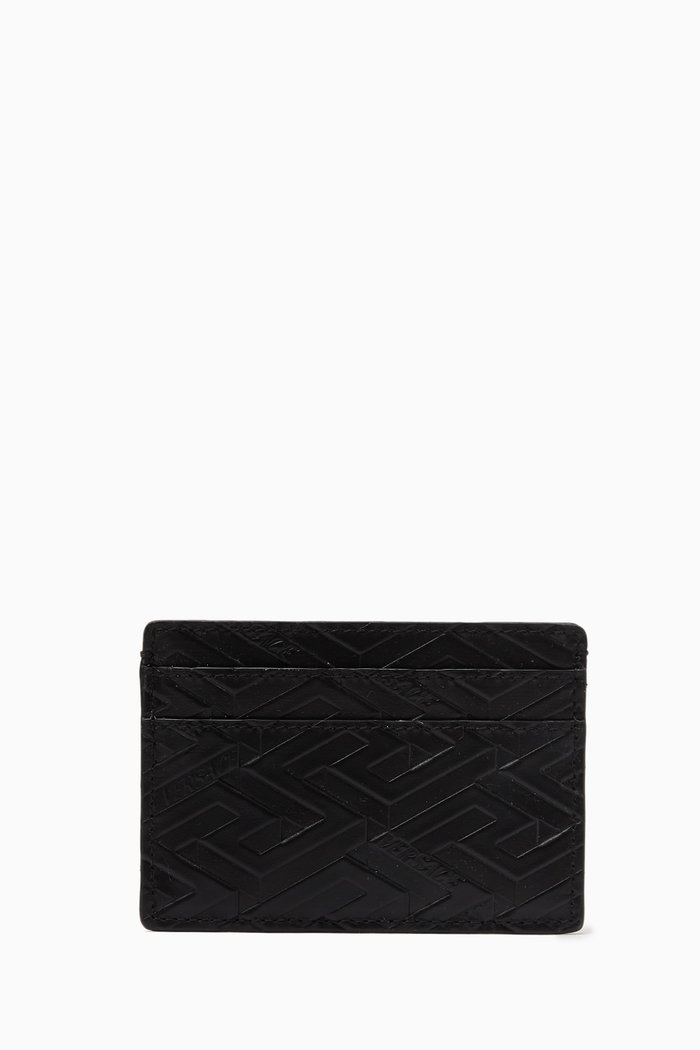 

Greca Monogram Card Holder in Embossed Leather, Black
