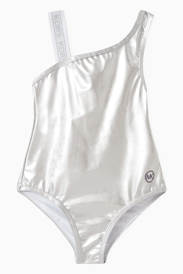 

Metallic-effect Logo Swimsuit, Grey