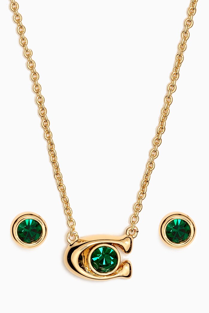 

C Stone Charm Necklace & Earrings Box Set in Metal, Green