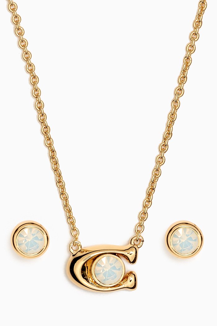 

C Stone Charm Necklace and Earrings Box Set in Metal, Gold