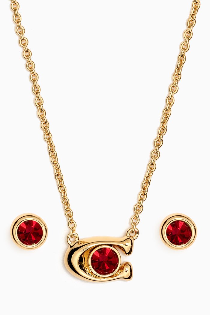 

C Stone Charm Necklace and Earrings Box Set in Metal, Red