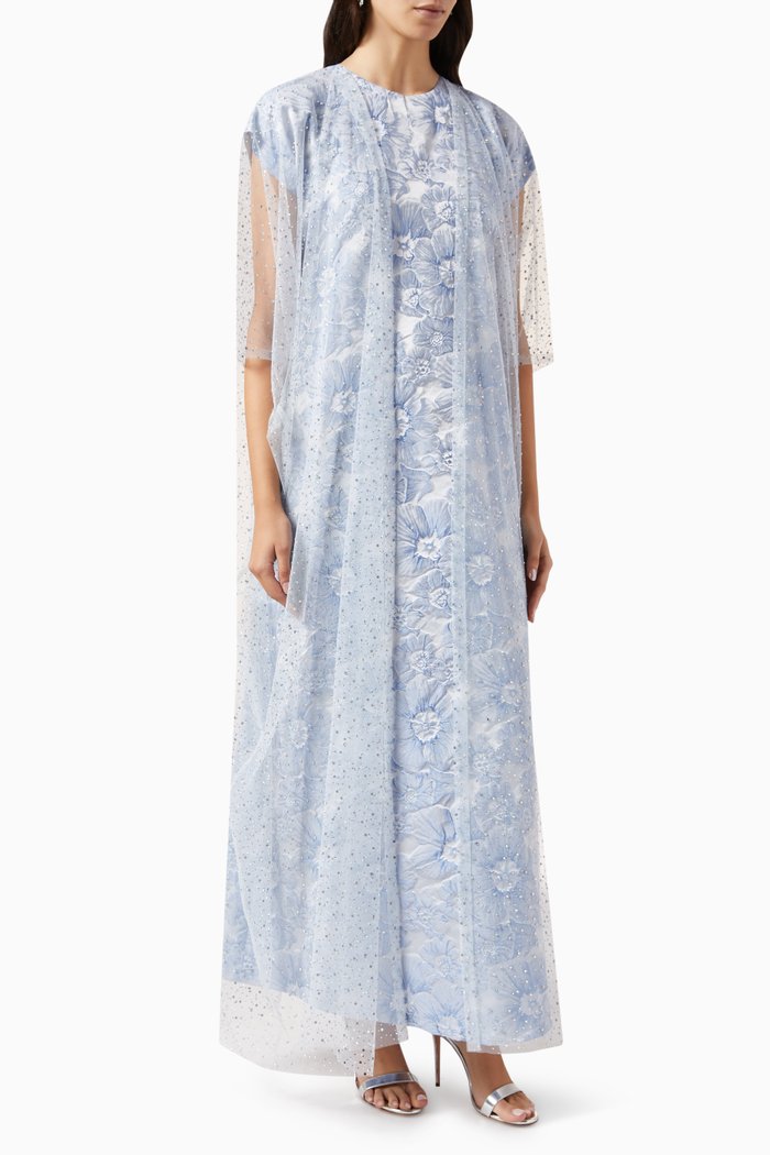 

Embellished Floral-print Abaya Set in Tulle & Jacquard, Blue