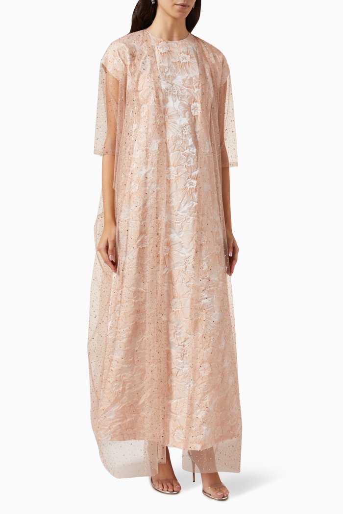 

Embellished Floral-print Abaya Set in Tulle & Jacquard, Pink