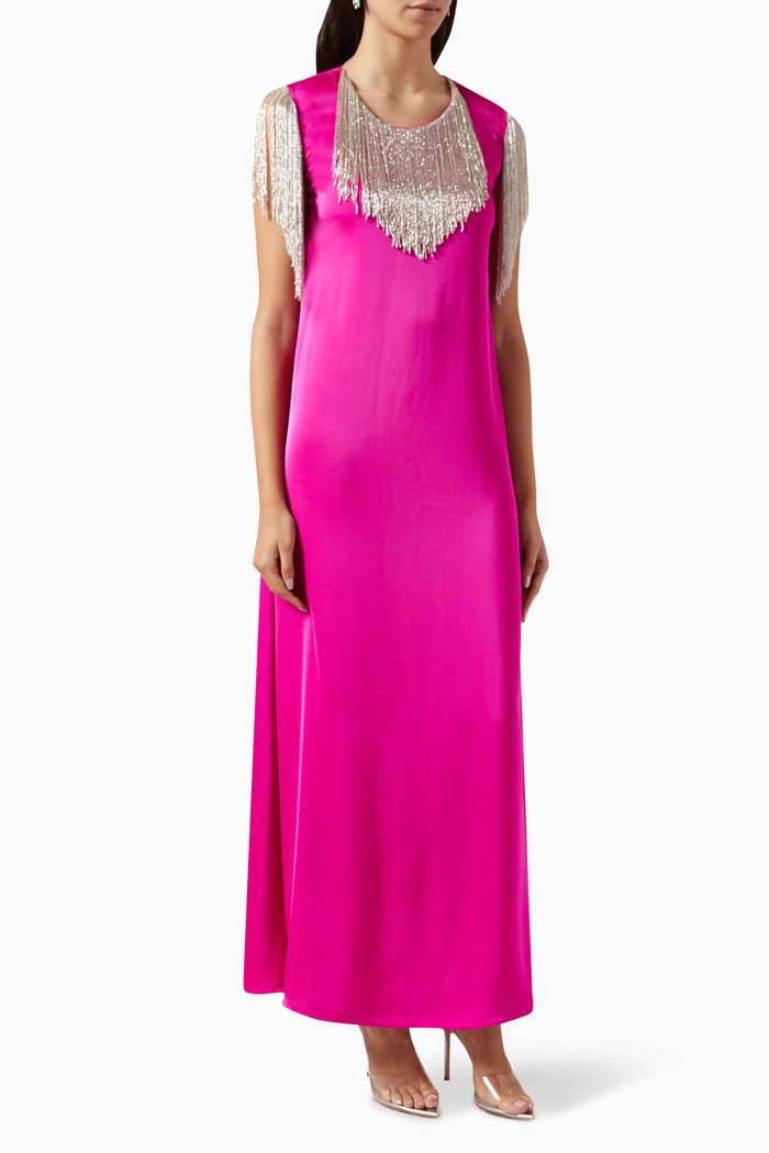 

Fringed Kaftan in Crepe-satin, Pink