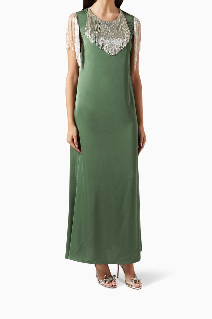 Fringed Kaftan in Crepe-satin, Green