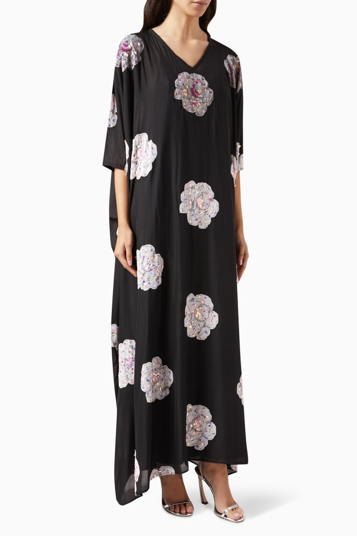 

Embellished Floral-patch Kaftan in Linen, Black