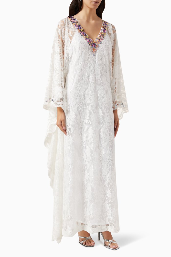 

Embellished V-neck Kaftan in Lace, White