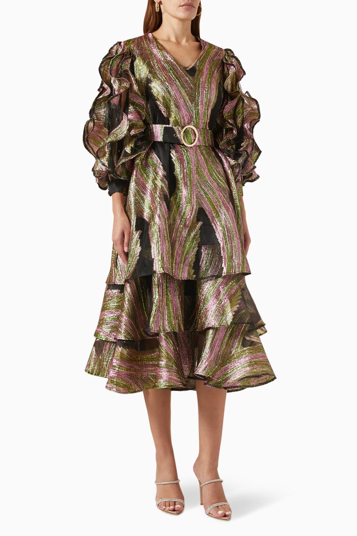 

Belted Midi Dress in Metallic Jacquard, Pink