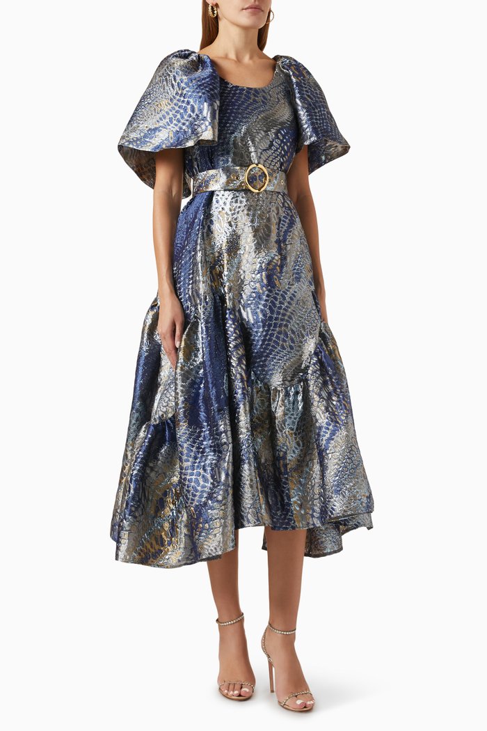

Belted Midi Dress in Jacquard, Blue