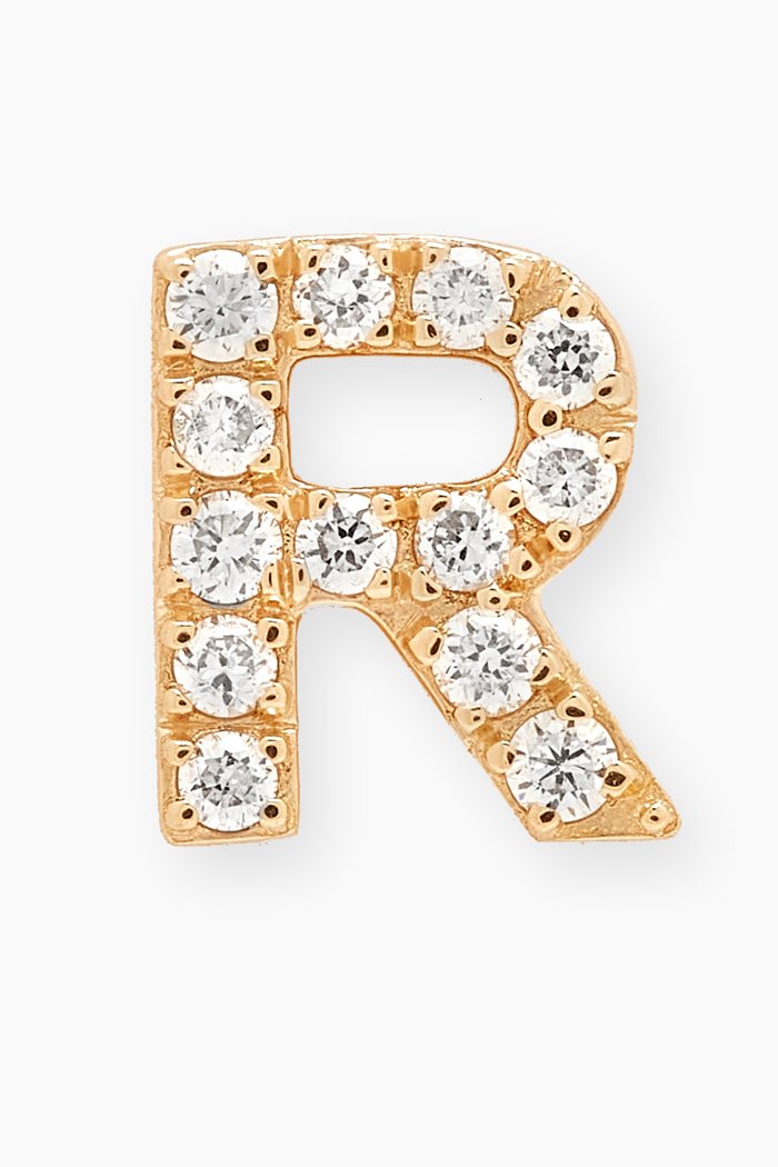 R Letter Diamond Single Stud Earring in 18kt Gold, Neutral