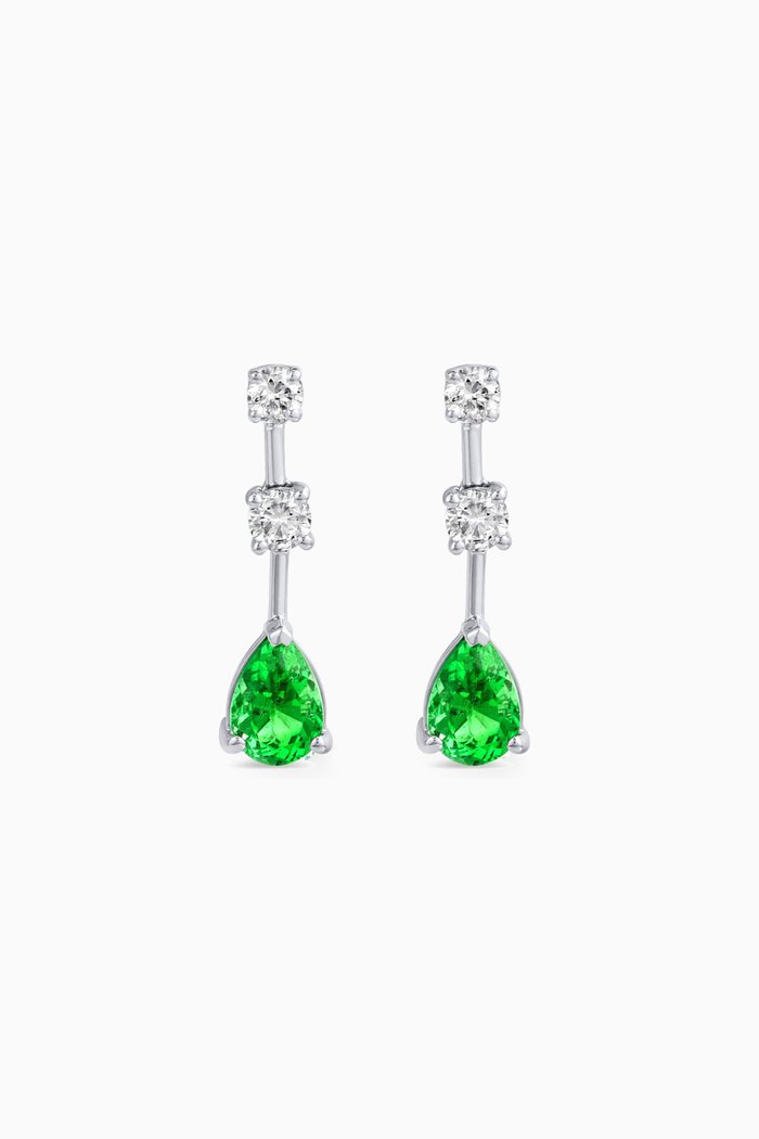 Emerald & Diamond Drop Earrings in 18kt White Gold, Green