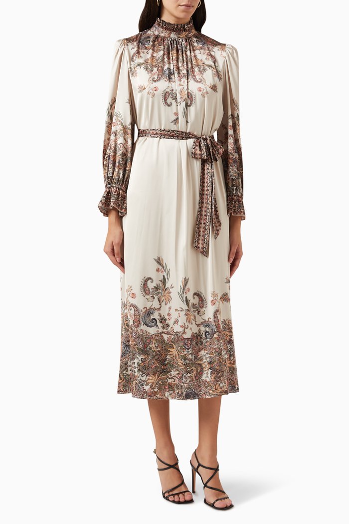 

Paisley-print Belted Midi Dress in Satin, Neutral