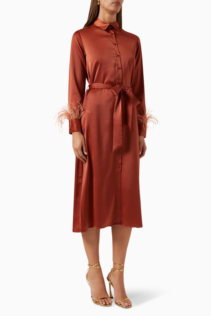 

Feather-trimmed Belted Midi Dress in Satin, Brown